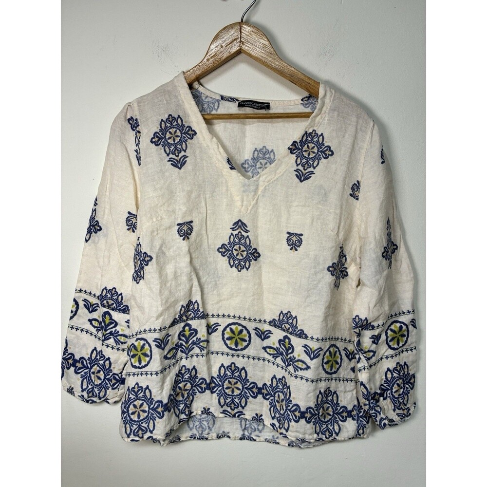 Francesca Bettini Women's Large Floral Top Blouse V-Neck 100% Linen Boho Italy